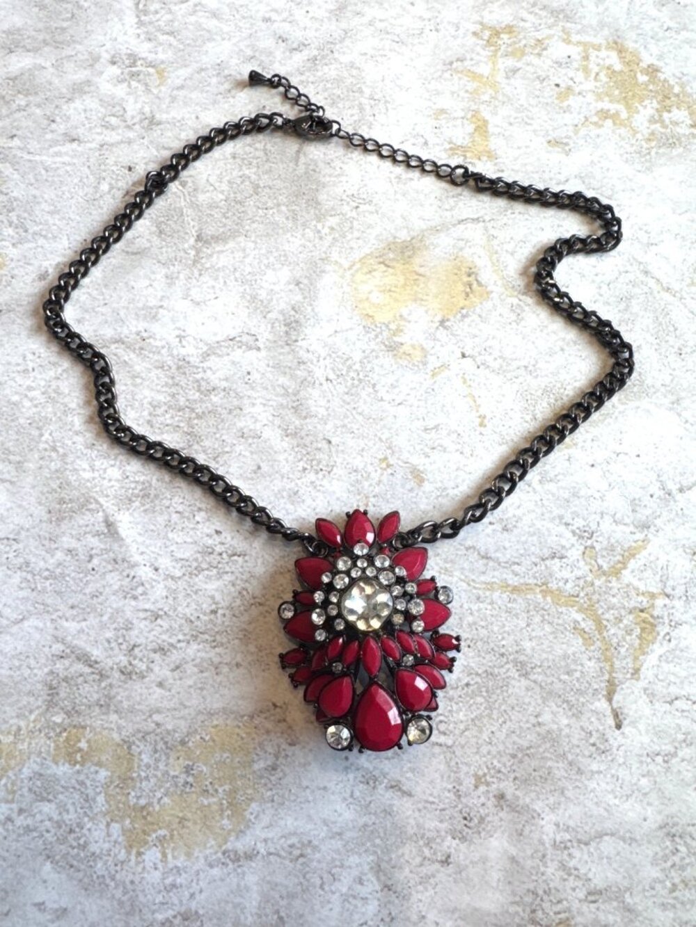 Park Lane Spellbound Cluster Statement Necklace Red Clear Crystals